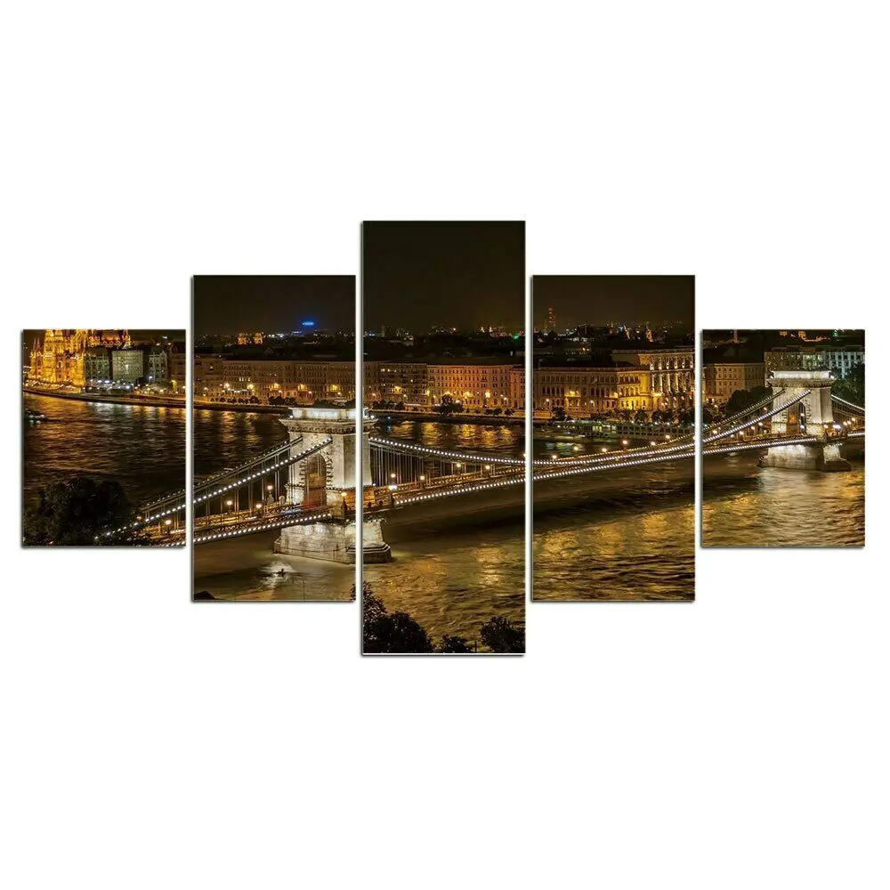 

5Pcs Bridge Night City River View Decor Canvas Wall Art HD Print Pictures No Framed 5 Panel Modern 5 Pieces Paintings Poster