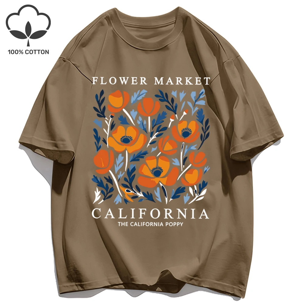 California Yellow Flowers Print Women's Soft Cotton O-Neck Casual Tee