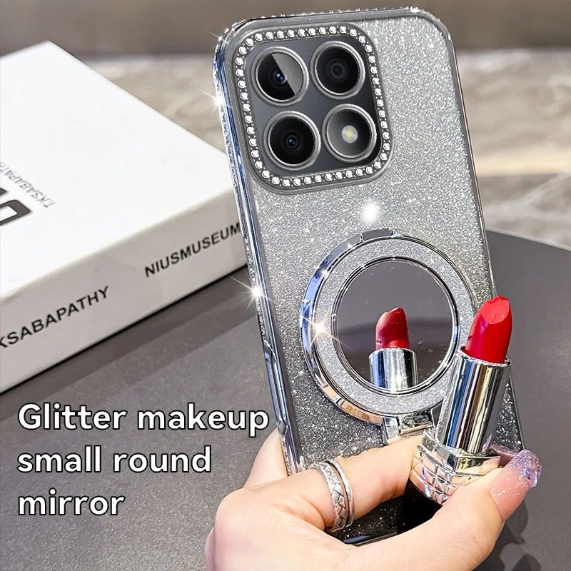 Glitter Plating Silicone Phone Case with Magnetic Bracket & Lens Protector - Pink