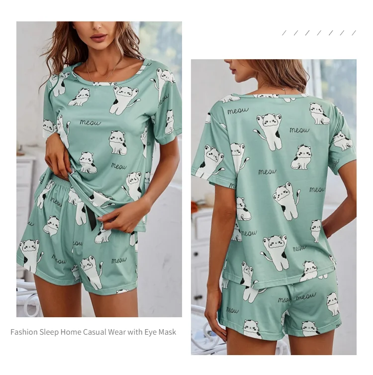 Pyjama-Set für Damen Kurzarm-Nachtwäsche-Top und Hose Nachtwäsche 3-teilige Pyjamas mit Cartoon-Print Nachtwäsche Nachtwäsche – Detail 7