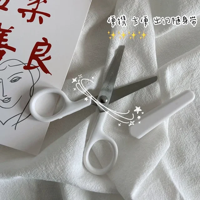 1pc Simple Pure White Stationery Scissors with Protective Lid Safe Kid Handmade Art Stainless Steel Scissors School Supplies 3