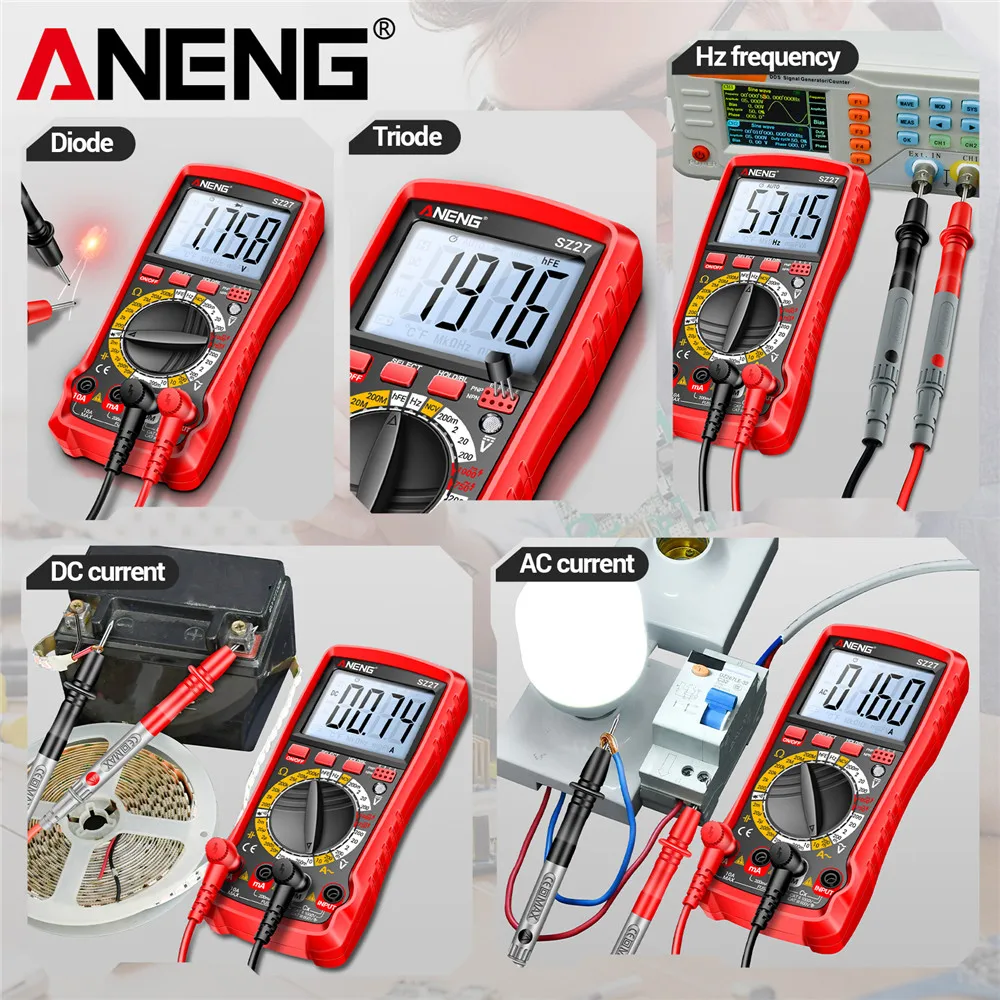 ANENG 디지털 멀티미터 SZ27 AC/DC 전압 테스터 1999 카운트 전류 옴 전압-암페어계 NCV 정전압 테스트 저항 측정 도구