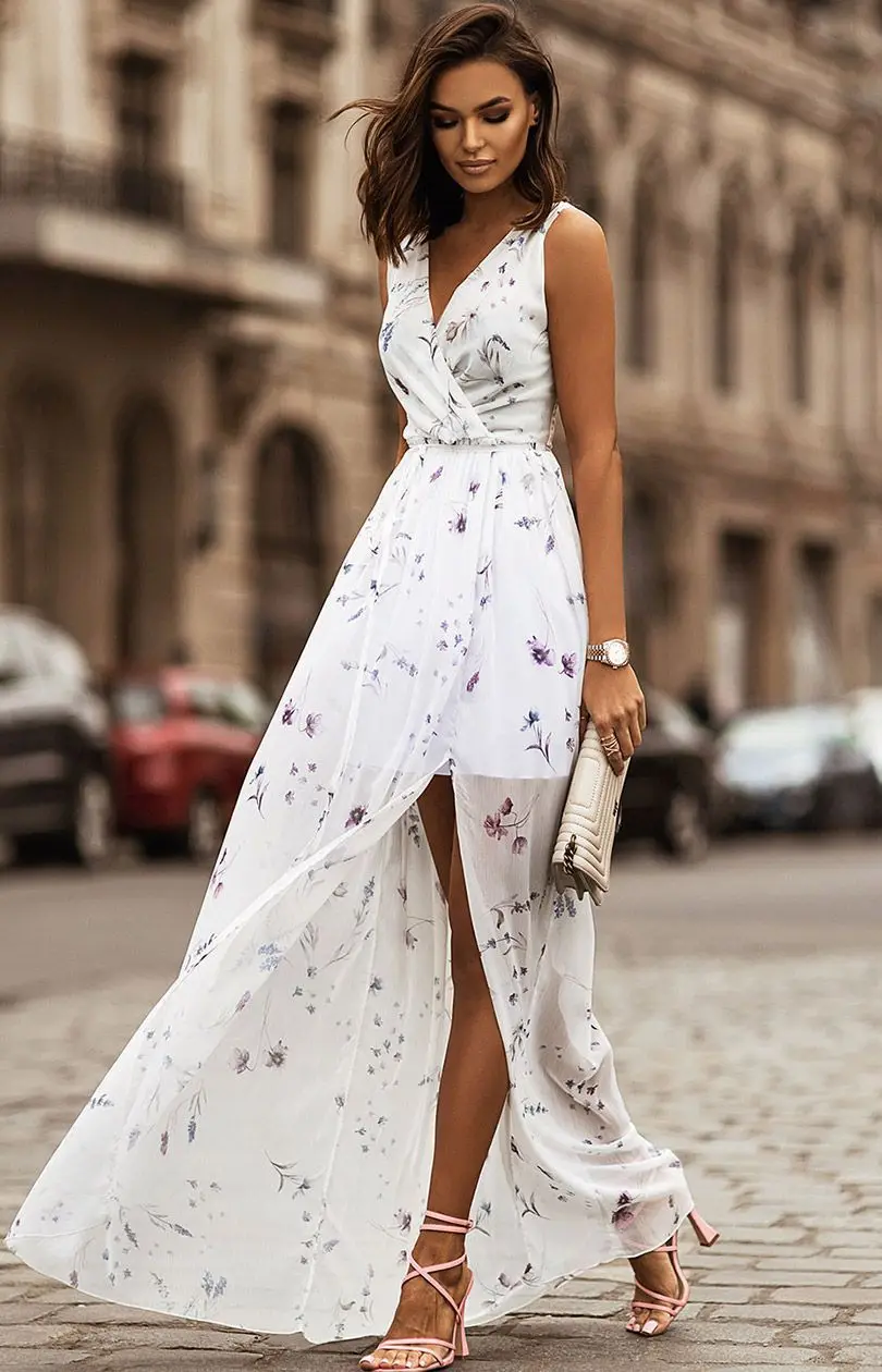 Chiffon Flowers Print Long Dresses Women Sexy V-neck Backless Leace-up Slit Dress Fashion Temperament Lady Commuting Vestidos