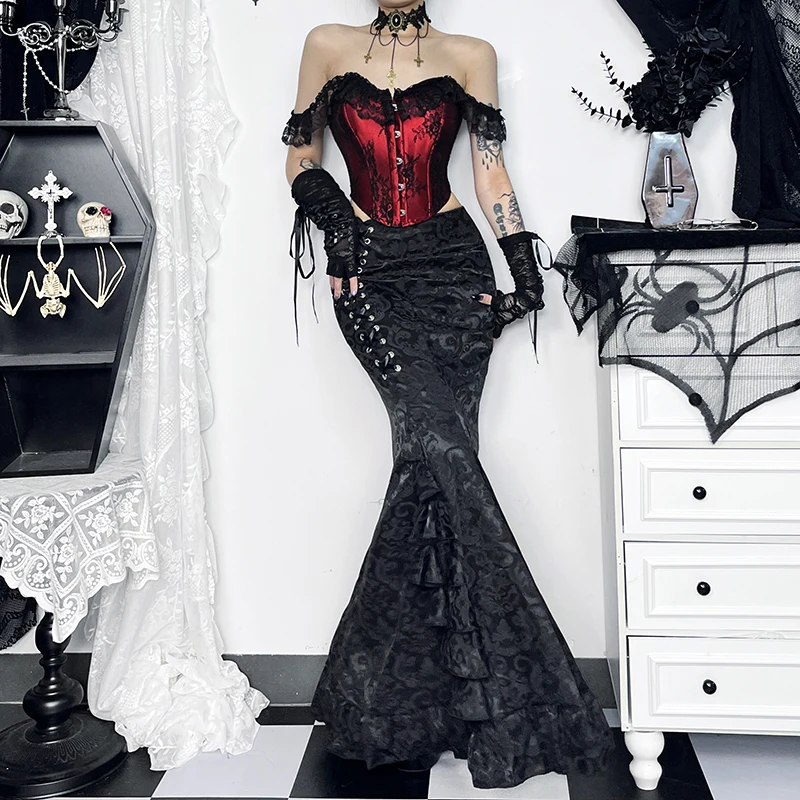 Goth Black Floral Velvet Mermaid Bodycon Long Skirts for Women Y2K Vintage Elegant Eyelet Bandage High-waist Fashion Skirt