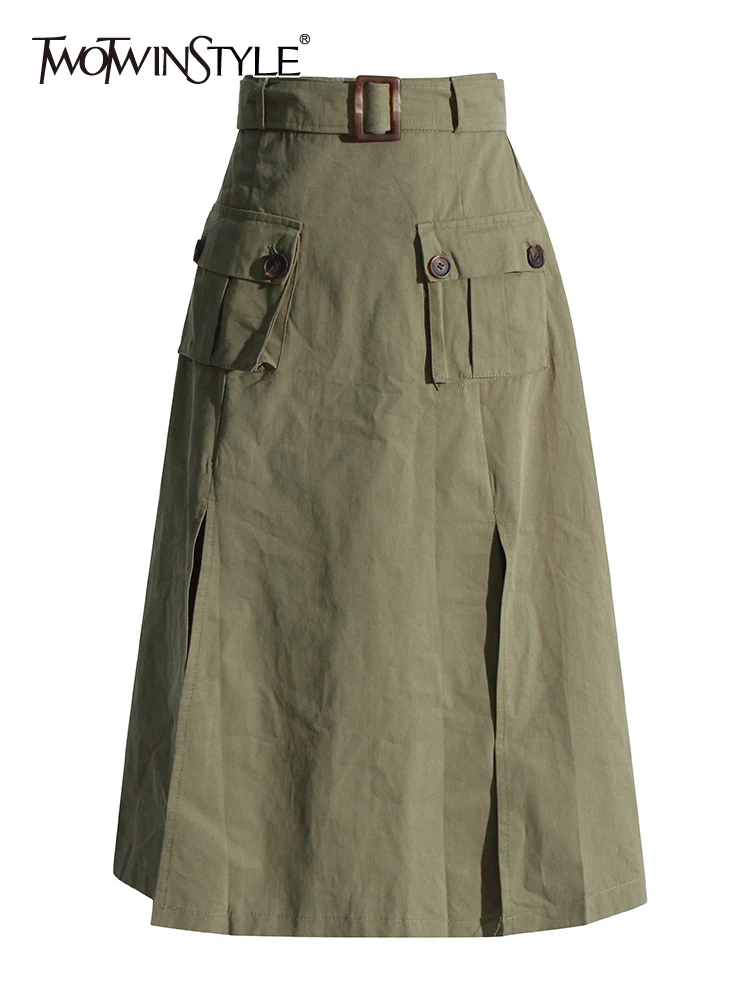 

TWOTWINSTYLE Patchwork Pockets Skirts For Women High Waist Spliced Lace Up Casual Solid Loose A Line Skirt Female Fashion 2023