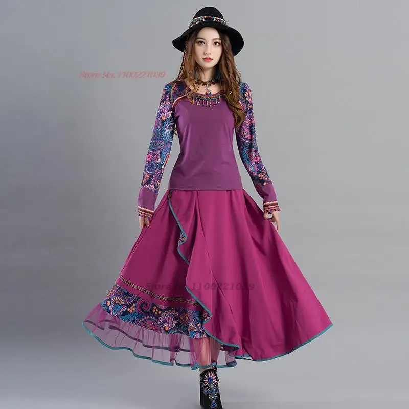 2024 chinese harajuku women long skirt flower print elastic waist ethnic skirt elegant folk dance suit national a-line skirt