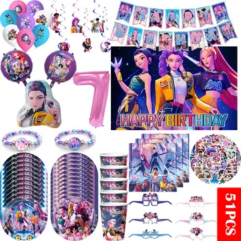 Kpop Birthday Decoration New Anime Demon Hunters Tableware Set Tablecloth Balloons Happy Banner Backdrop Party Supplies For Kids 1