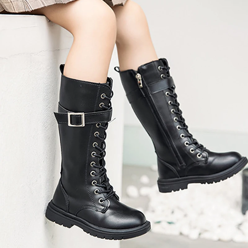 

Knee High Children Girls Leather Boots Black White Non-slip Soft 3-12Y Toddler Fashion Boots Zip Up Infantil Botas Winter Shoes