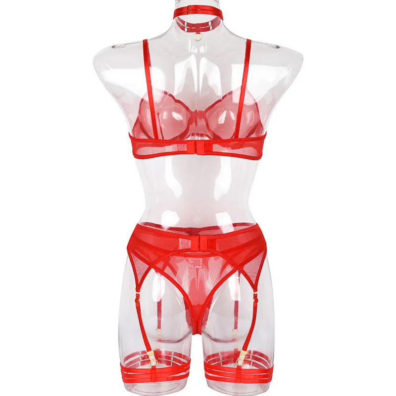 matching bra and panties Yimunancy 4-Piece Lace Bra Set Women Mesh Panty Underwear Set 8 Colors Transparent Sexy Lingerie Set red bra set