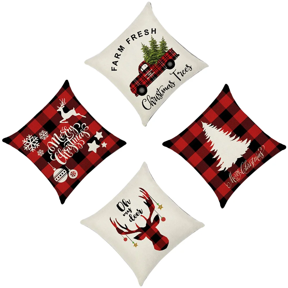 

4 PCS Christmas Throw Pillowcase Cushions Decorative Red Checked Cases Plaid Covers 45x45