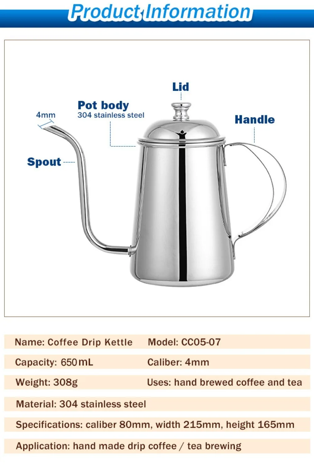 Description Picture 4 of item650ml Gooseneck Coffee Pot Thickened 304 stainless steel Drip Coffee Hand Brew Moka Pot Cold Brew Espresso Kettle Coffeeware