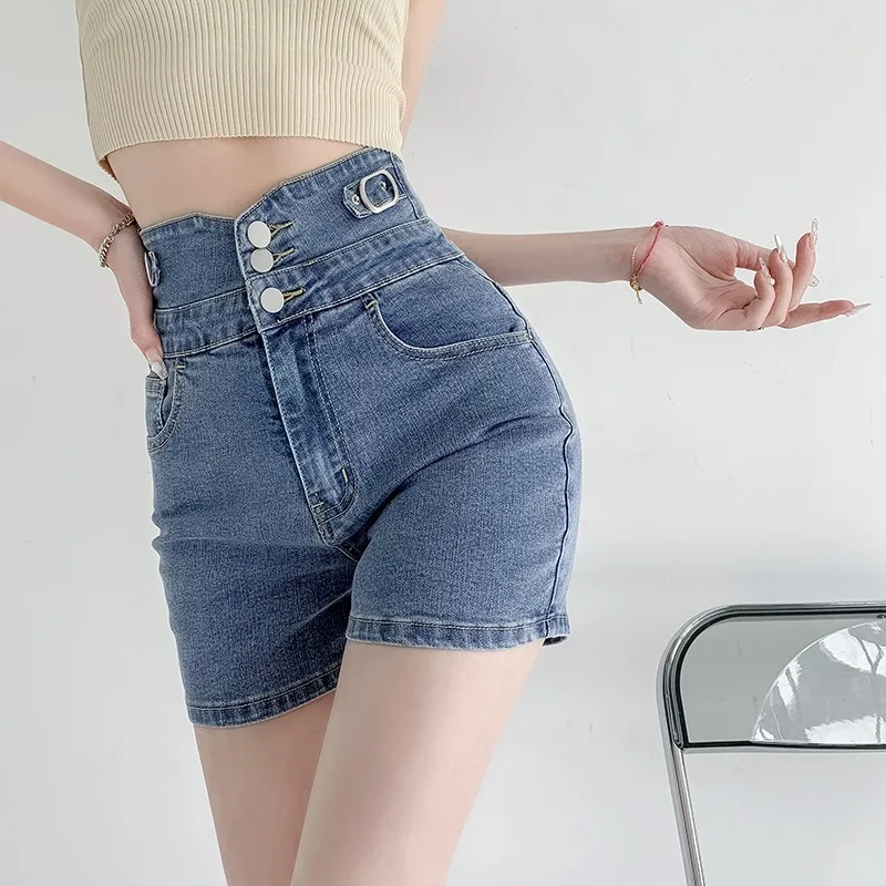 

2022 Summer Breasted Denim Shorts For Women High Waist Skinny Pockets Korean Fashion Jeans Shorts Hot Sexy Short Pants 233