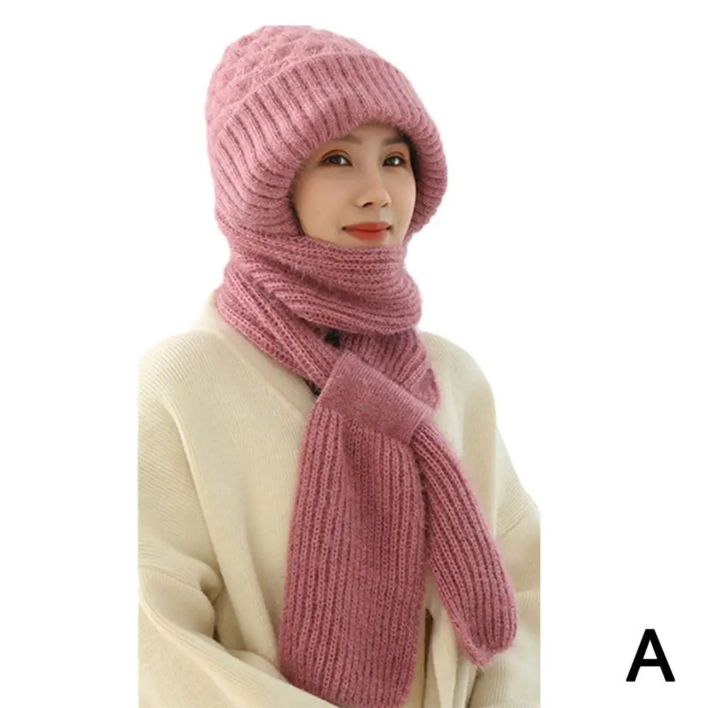 Winter Knitted Integrated Hat Thickened Knitted Skullies Hat Ear Protection Scarf Warm Beanies Cap Hooded Scarf For Outdoor Ski 5