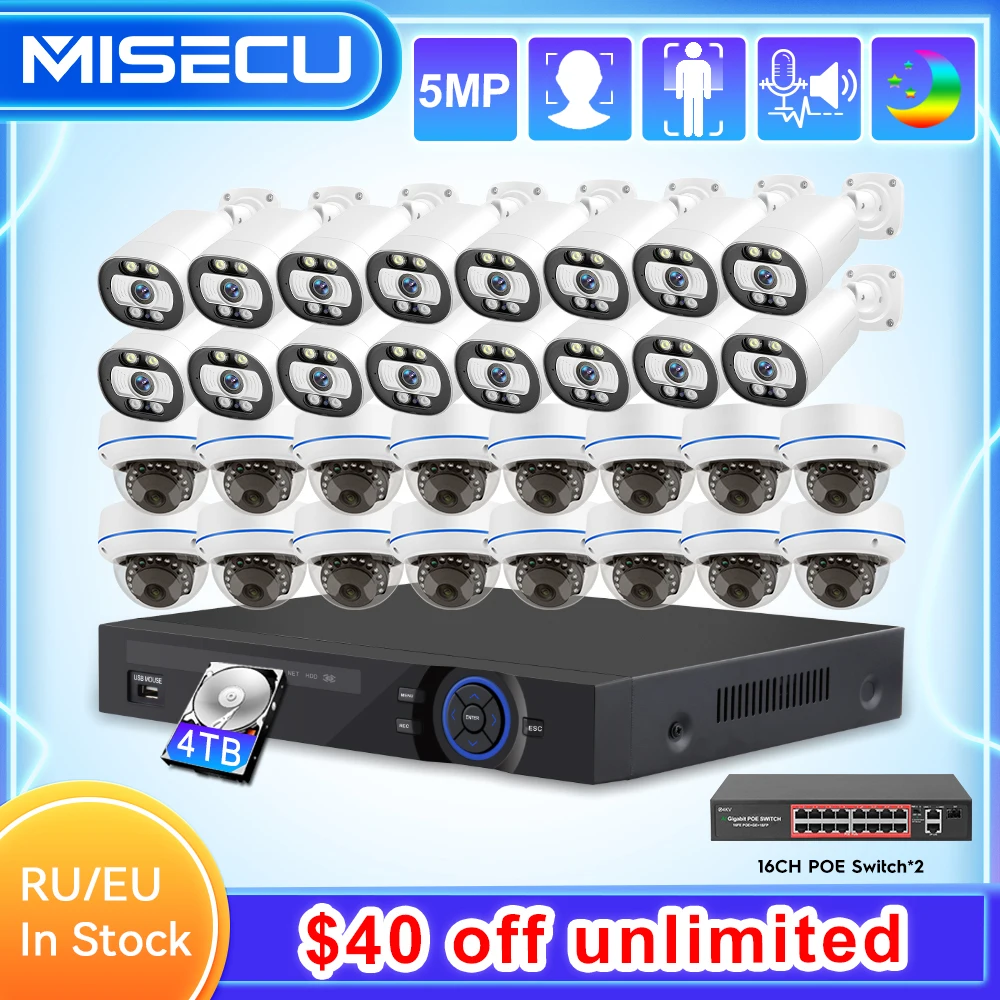 MISECU 32CH 5MP Dome IP POE Security Protection Cameras System Outdoor Smart Home CCTV Record Surveillance Kit H.265 NVR P2P