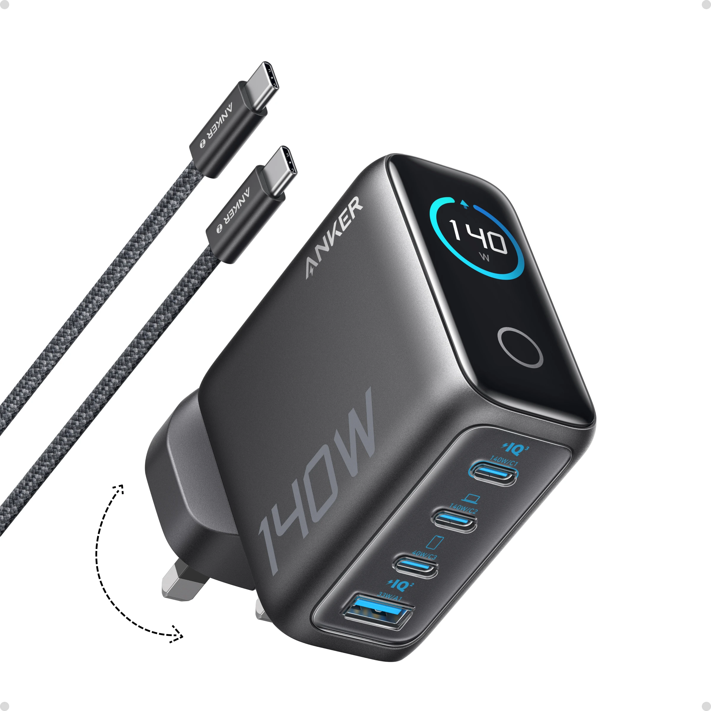 Anker Laptop-Ladegerät, 140W Max 4-Port GaN USB-C Ladegerät mit Smart-Display, Schnellladungs-Netzteil (inkl. 5FT Kabel) - AliExpress 202192403