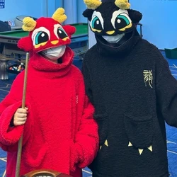 Autumn Winter Dragon Lamb Fur Long Sleeve Women Hooded Sweatshirt Cute Funny Cartoon Warm Oversized Couple Clothing New Year