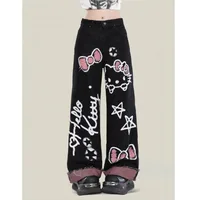 Sanrio Hello Kitty Bow Cartoon Graffiti Printed Fashion Jeans Women's Autumn Winter New Loose Wide Leg Pants Straight Trousers 1