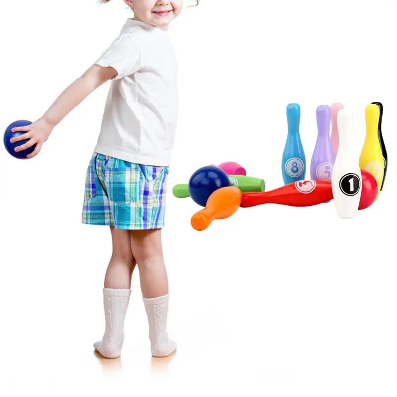 12 Pieces Wooden Color Bowling Set 10 Pins 2 Ball Bowling Game Outdoor Sport Toy