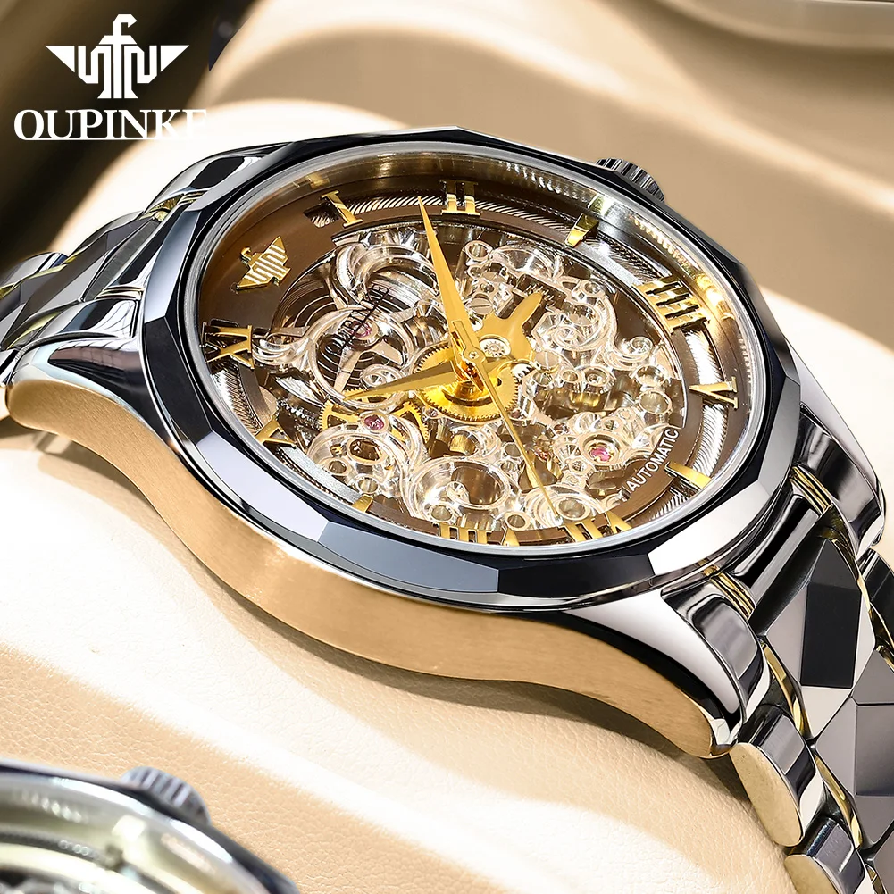 

Luxury New Men Mechanical Wristwatch Automatic Watch Men Skeleton OUPINKE Tungsten steel Sapphire Watch Relogio Masculino 3168