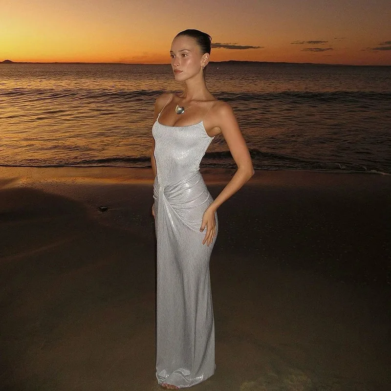 Spaghetti Strap Sexy Backless Maxi Dress Outfits Women Elegant Birthday Vestido 2025 New Club Party Ruched Dresses Female