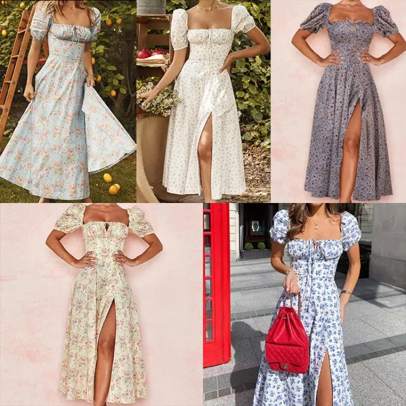 French Fashion Women's Dress 2024 Summer New Print French Floral Backless Slim-fit Halter Split Dress Personality Long Dress