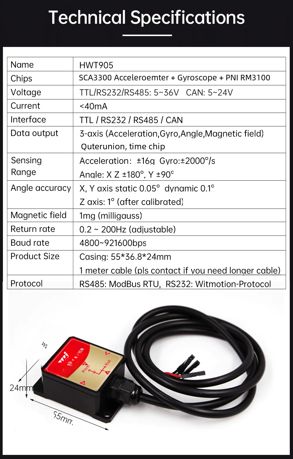 [Built-in RM3100 Magnetometer] Witmotion HWT905 Accelerometer+Angle(XY0.05&deg;)+Digital Compass+Gyro+Inclinometer&Temp Compensation