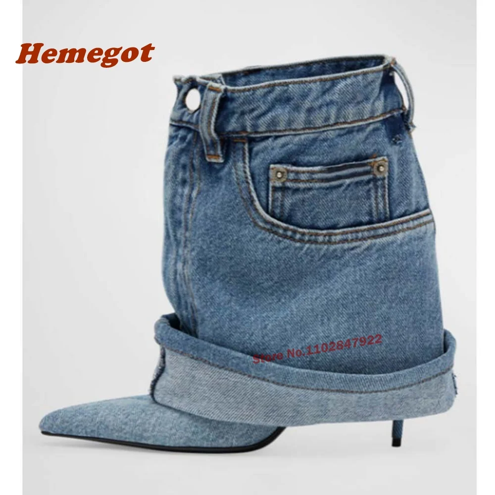 

Pocket Pleated Ankle Boots Pointed Toe Fashion Women's Boots Stiletto Heels Denim Plus Size 43 Luxury Party Shoes Winter Luxury