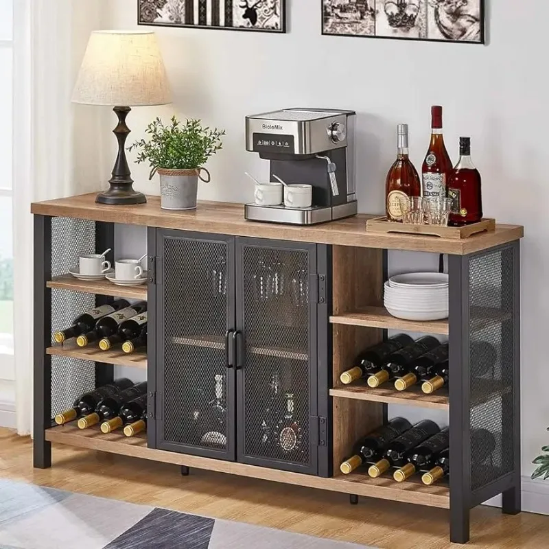 

FATORRI Industrial Wine Bar Cabinet for Liquor and Glasses, Farmhouse Wood Coffee Cabinet with Wine Rack, Metal Sideboard and Bu
