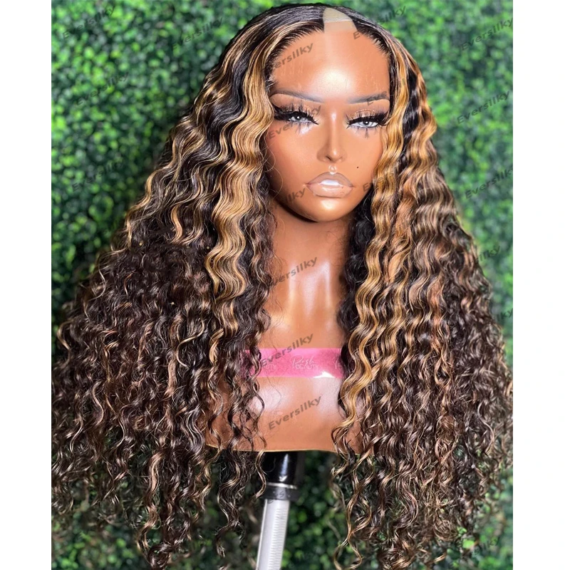 

250Density Glueless 1X4 Size U Part Human Hair Wigs No Leave Out Highlight Brown Bayalage Water Curly Adjustable V Part Wigs