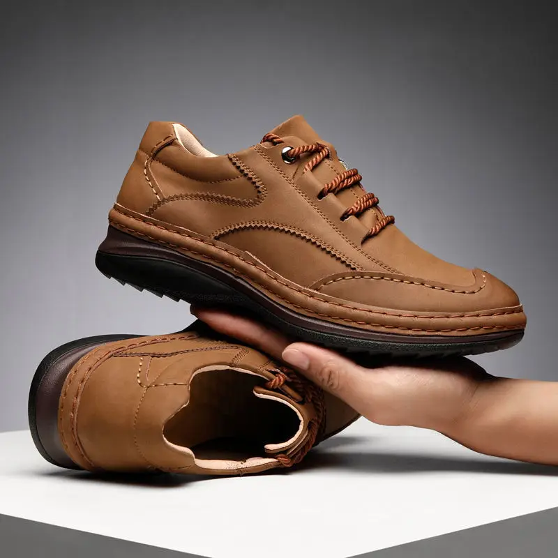 Classic Hot Sale Mens Leather Casual Shoes Soft Sole Lace-up Luxury Brand Lightweight Mountaineering Shoes Male Outdoor Sneakers 2