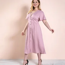 

Women's V-neck Pink Long Shirt Dress with Buttons Sweet One Piece Dresses Summer 2022 Ladies Plus Size Drawstring Casual