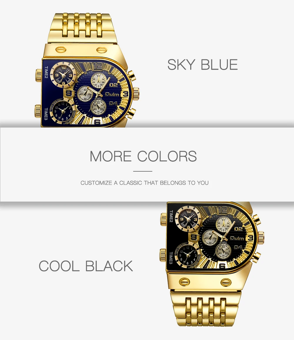 Oulm Unique Men Watch Square Gold Quartz Wrist Watch for Man Sports Multi-Time Zone Military Male Waterproof Relogio Masculino