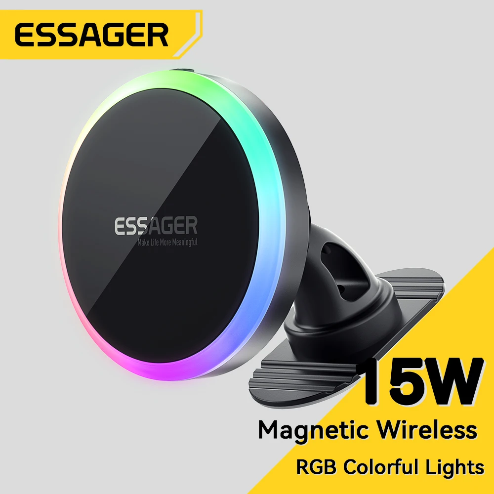 

Магнитный автомобильный держатель для телефона Essager RGB Qi 15 Вт, беспроводное зарядное устройство Macsafe для iPhone 15 14 13 Samsung, универсальный держатель для телефона, подставка