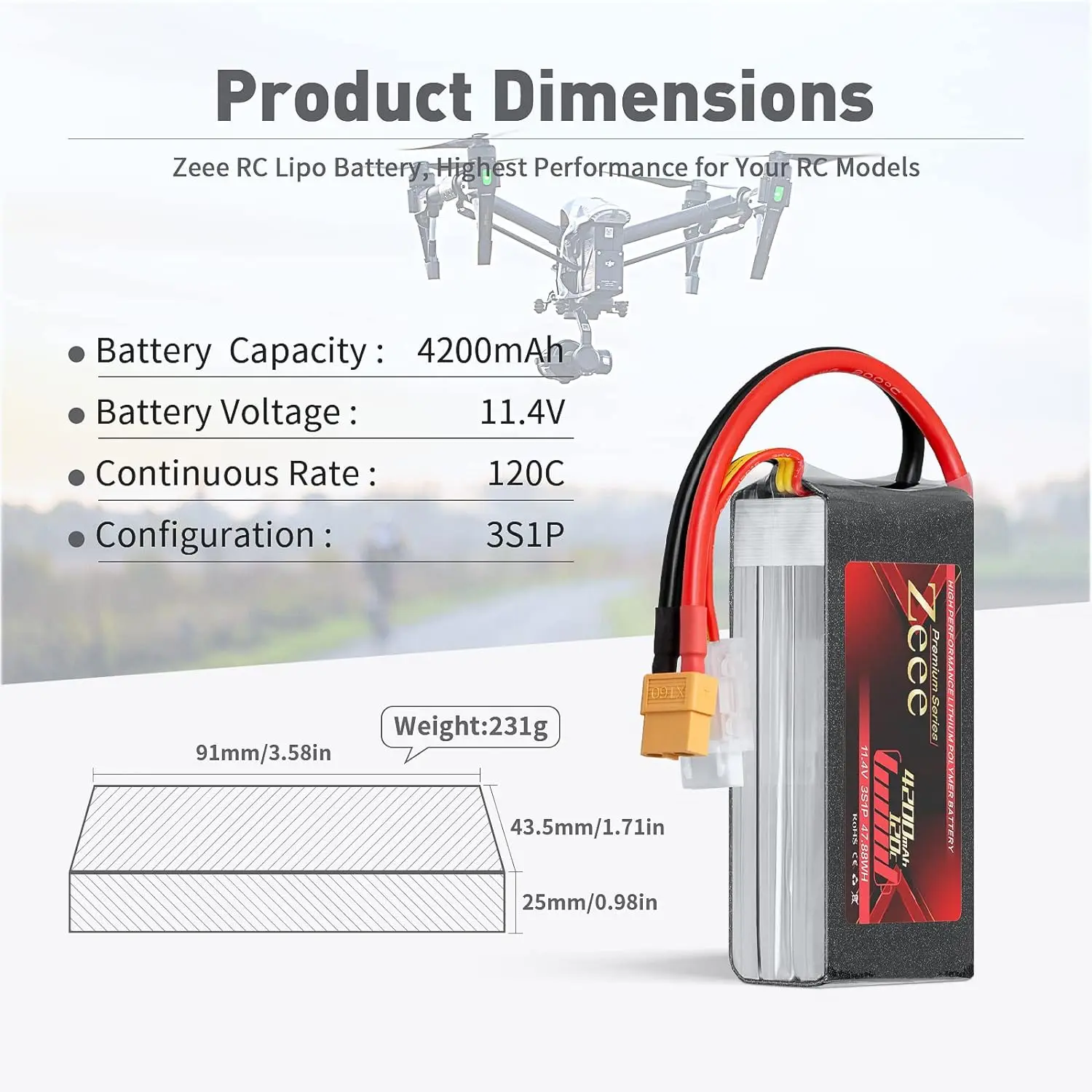 2pcs Zeee 3S 11.4V HV Shorty Lipo Battery 4200mAh 120C with XT60