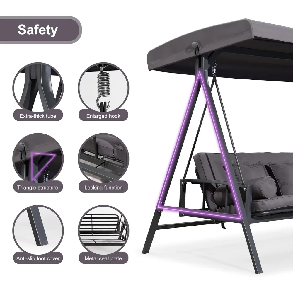 Outdoor Patio Porch Swing Adjustable Backrest, 3-seat Swing Chair with Weather Resistant Steel Frame for Backyard 3