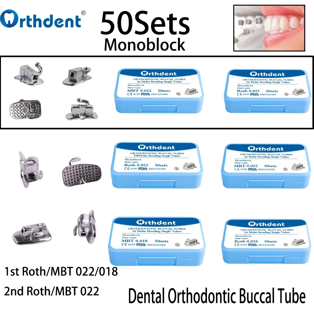 

50Sets Dental Orthodontic Bondable Buccal Tubes Monoblock Single 1st 2nd Molar Non-Convertible Roth MBT 0.022/018 Dentistry Tool