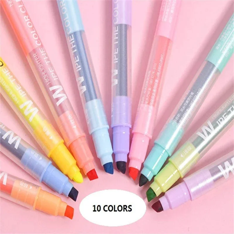 Highlighter Marker 10 Colors Erasable Dual Tip Pastel Fluorescent Pen Art Drawing Doodling School Stationary