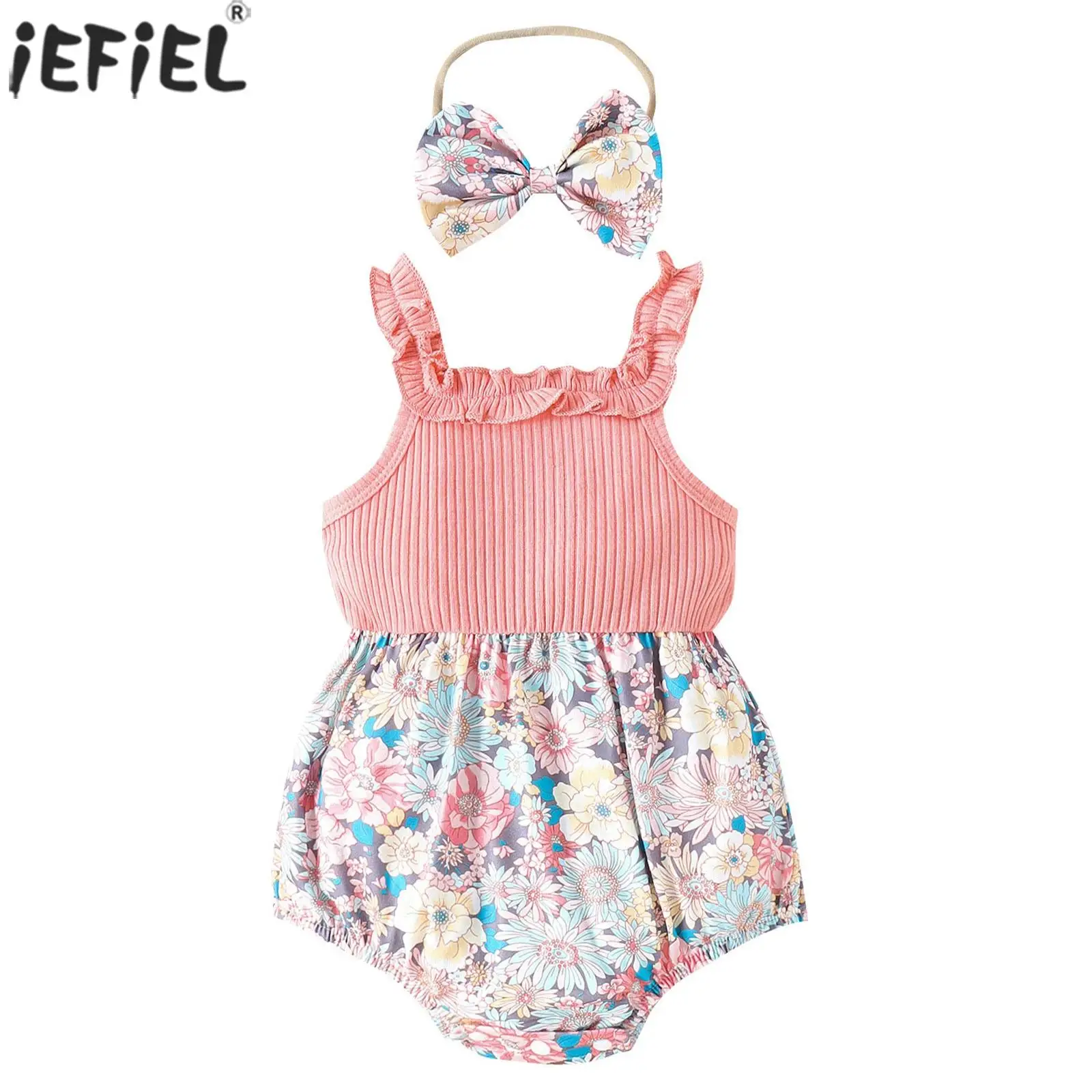 

Infant Girls Baby Summer Clothes Sleeveless Rib Knit Romper Bodysuit Floral Print Jumpsuit with Bow Headband for Birthday Party