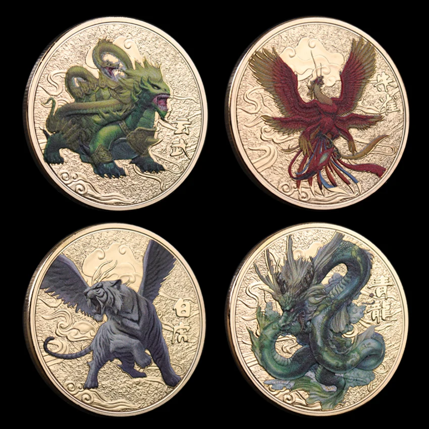 Casiler 4 Monedas De Criaturas Míticas Chinas: Colección De Monedas De Recuerdo Coleccionables Tradicionales Antiguas para Decoración del Hogar Casiler 4 Monedas De Criaturas Míticas Chinas: Colección De Monedas De Recuerdo Coleccionables Tradicionales Antiguas para Decoración del Hogar