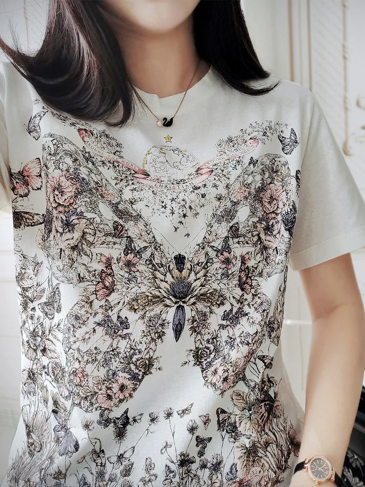 

2024 Summer New T-shirt Women's Cotton Linen Butterfly Printed Thin O-Neck Breathable Top