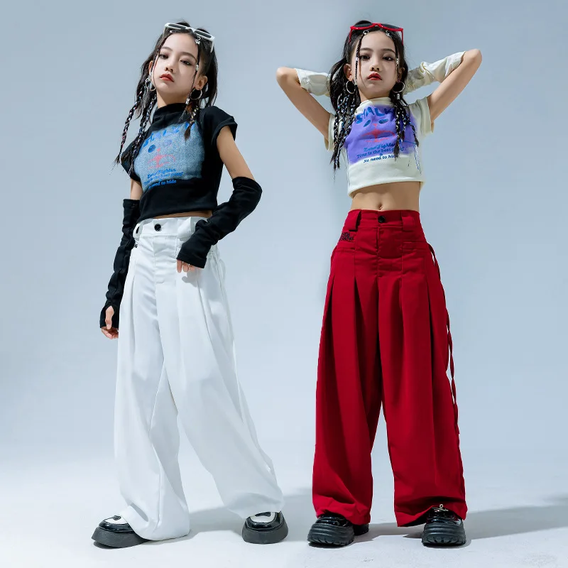 

Girls Cute Hip Hop Clothing Crop Top T Shirt Arm Sleeves White Red Casual Wide Pleated Pants for Kids Jazz Dance Costume Clothes