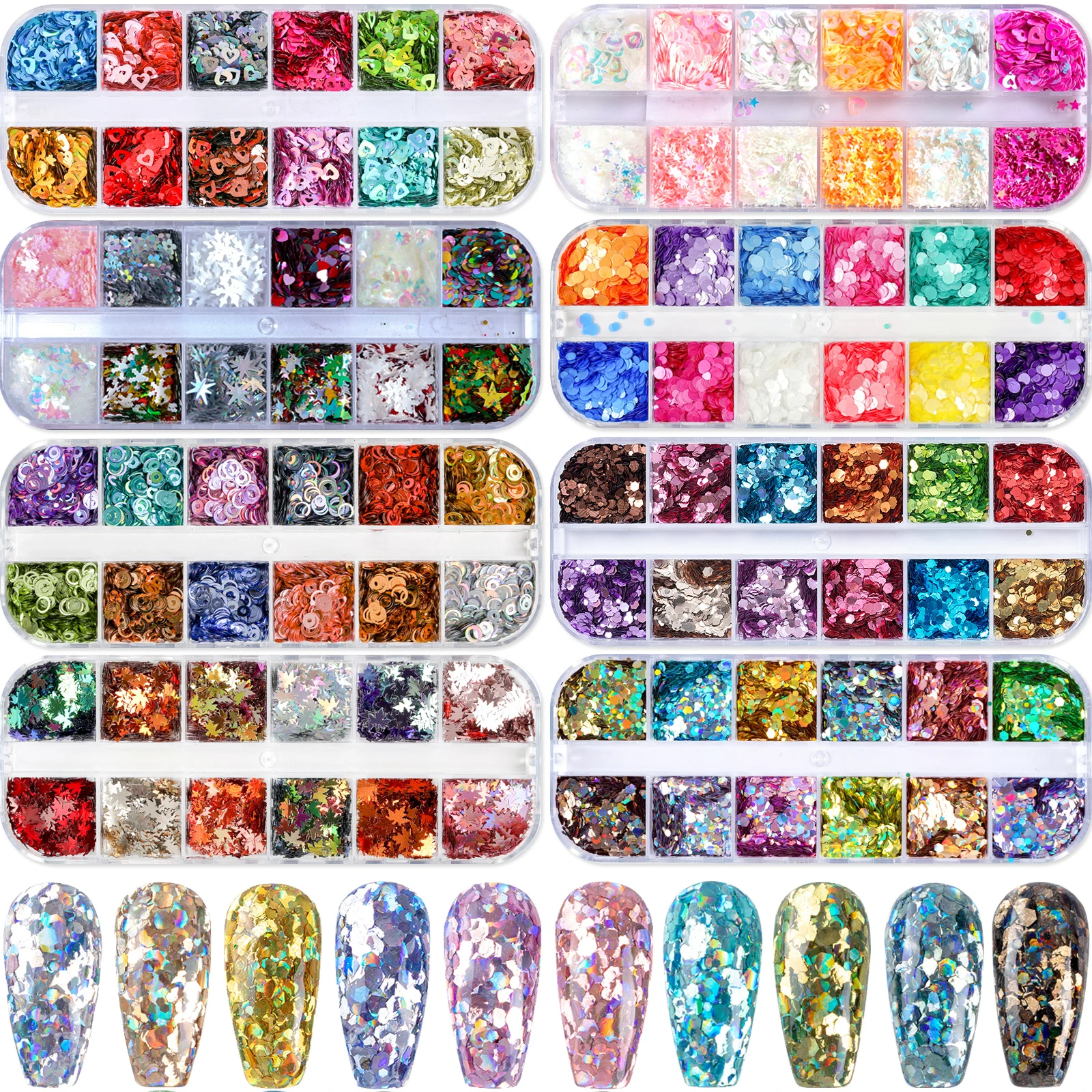 12 Colors Acrylic Nail Art Glitter Sequins Decals Set Fake Nails Tips Decoration Beauty Manicure Tools Mouse