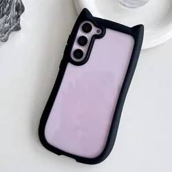 Korean Cute Candy Color 3D Cat Ears Transparent Phone Case - Kawaii Shockproof Soft Border Cover - Samsung Galaxy S23 (Black)
