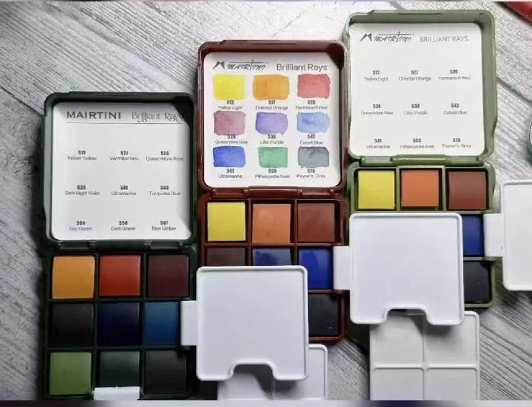 MAIRTINI 미니 여행 수채화 세트, 솔리드 아쿠아렐 페인트, 휴대용 팔레트 페인팅 도구, 브러쉬 아트 용품, 9 가지 색상