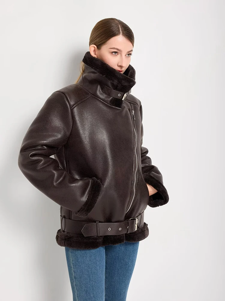 2025 Winter Women Faux Fur Leather Jacket Casual Thick Warm Jackets High Street Motorcycle Coat Long Sleeve Belt New Outerwears