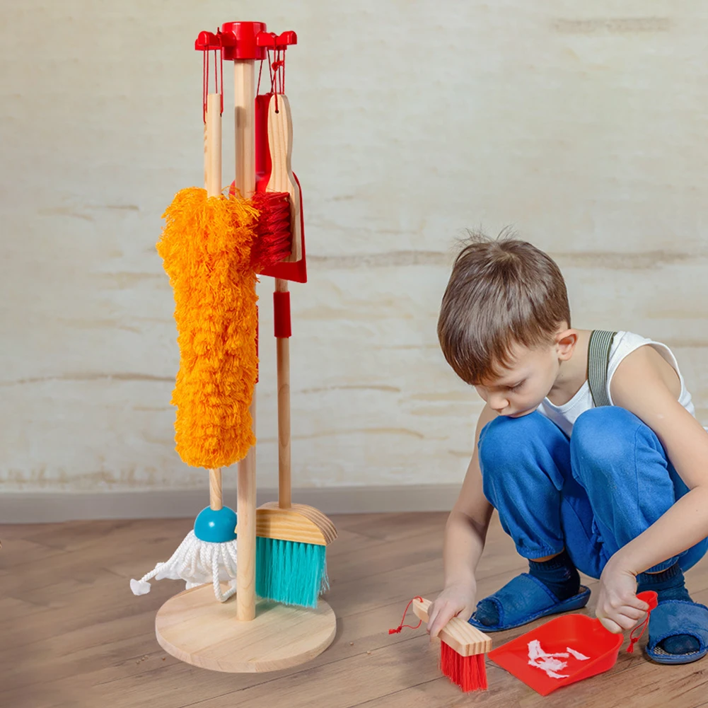 Wooden Kids Cleaning Set with Kids Broom and Mop Set Housework Pretend Play Toy Housekeeping Play Gift for Toddlers