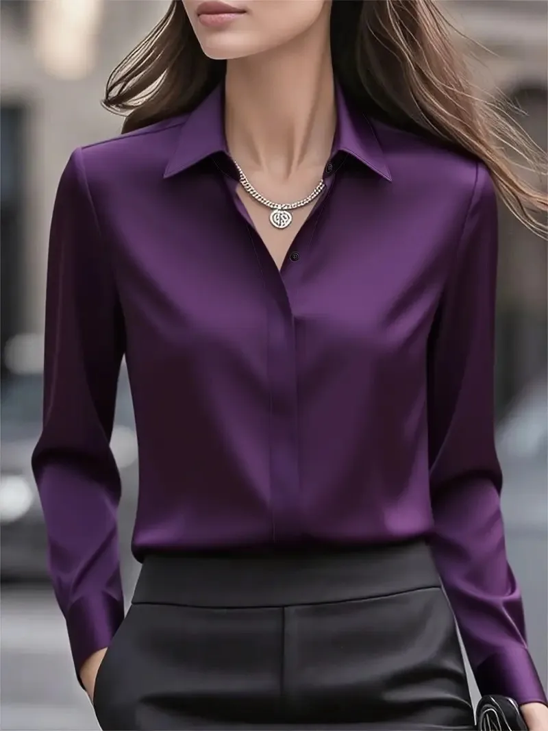 Women's Solid Color Long Sleeve Shirt - Versatile Basic Blouse, Classic Office Wear Tops 2