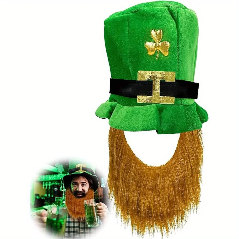 St. Patrick's Day Leprechaun Hat with Beard and Green Velvet Shamrock Hat Set