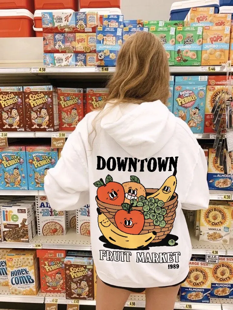 

Banana Apple Grape Fruit Basket Slogan Womens Clothing Creative Pocket Sweatshirts Fashion Cartoons Hoodies All-Match Female Top