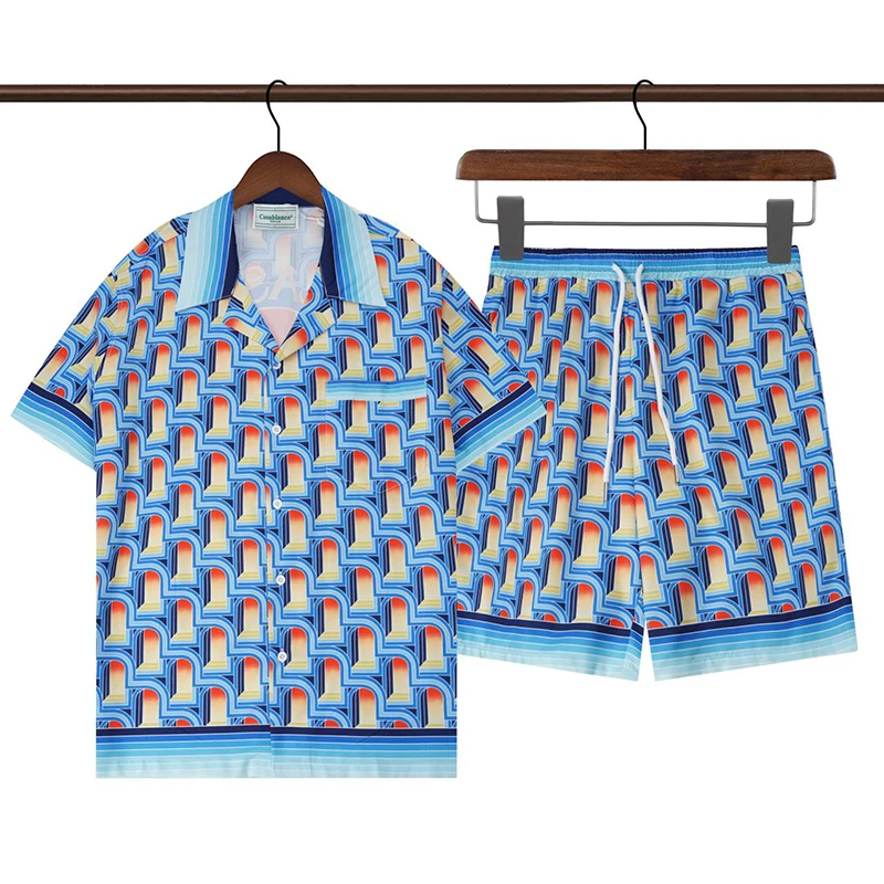 

Summer Set High Quality Casablanca New Blue Printed Short Sleeve Men Shirt Hawaiian Shirt